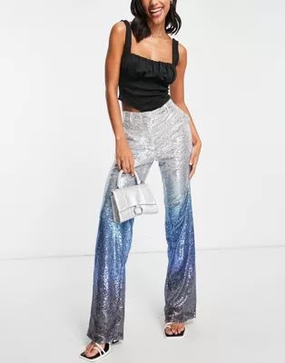 NA-KD X Josefine HJ co-ord straight leg sequin trousers in silver ombre | ASOS (Global)