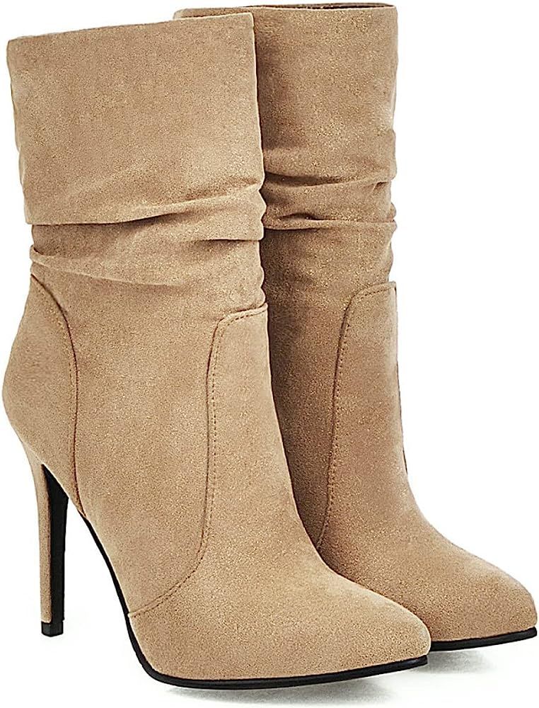 Fashion Pointed-Toe High Stiletto Slouchy Ankle Boot Slip-on for Women Smooth Faux Suede Booties ... | Amazon (US)