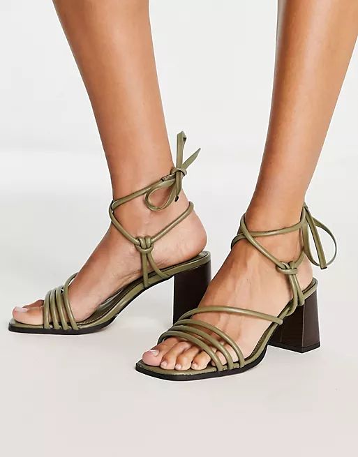 ASOS DESIGN Hollow strappy tie leg mid heeled sandals in green  | ASOS | ASOS (Global)