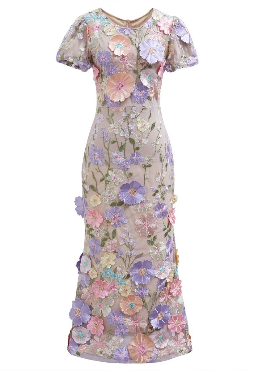 3D Floral Applique Mesh Tulle Mermaid Maxi Dress in Lavender | Chicwish