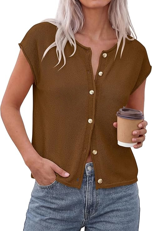 PRETTYGARDEN Womens Cap Short Sleeve Sweater Vest 2026 Spring Summer Lightweight Button Down Card... | Amazon (US)
