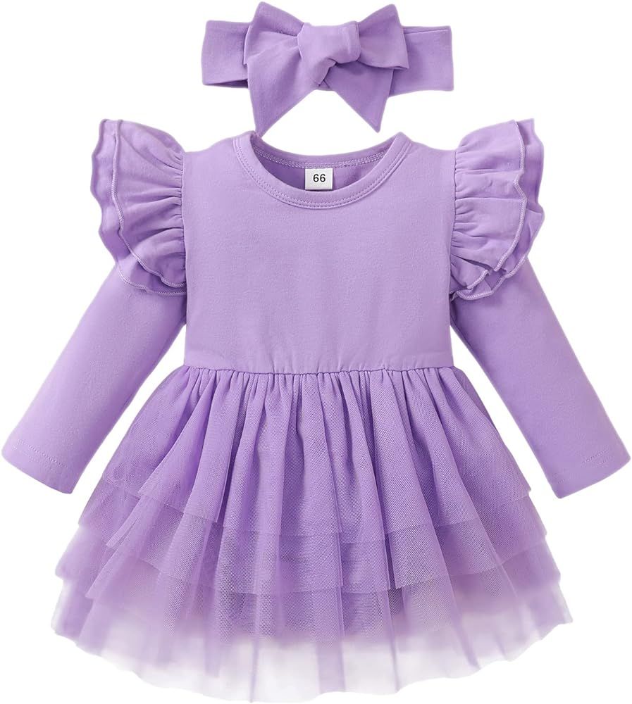 Baby Girl Clothes Infant Ruffle Sleeve Romper Dress Newborn Solid Tutu Skirt Sets Jumpsuit Headba... | Amazon (US)