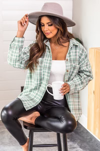 Meet You Outside Sage/White Plaid Shacket | Pink Lily