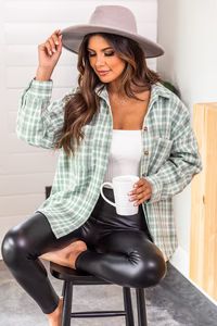 Meet You Outside Sage/White Plaid Shacket | Pink Lily