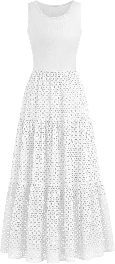 Lazysmile Womens Summer Dresses Crewneck Sleeveless A-Line Hollow Out Eyelet Tiered Tank Maxi Dre... | Amazon (US)