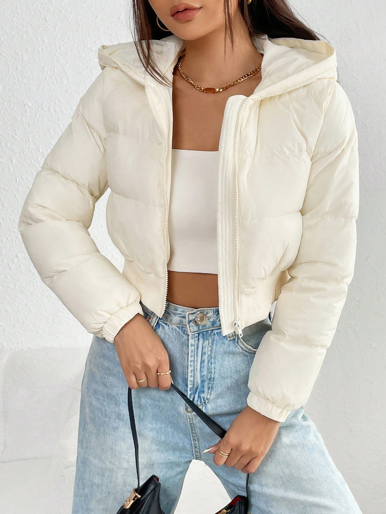 SHEIN PETITE Zip Up Hooded Puffer White Coat | SHEIN