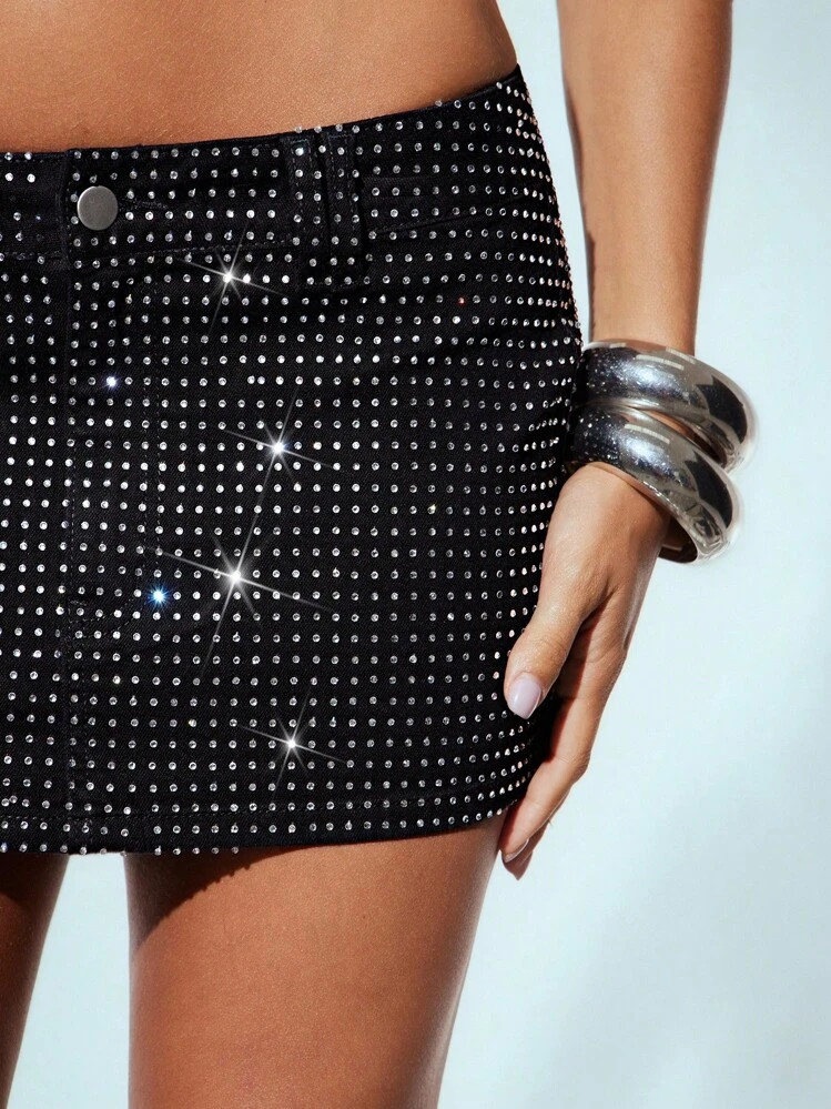 Denimoi All Over Rhinestone Low Rise Mini Skirt, Sexy Mini Skirt, Fashionable, Clubbing Outfits, GNO, Girls Night Out Outfits, Concert Outfits, Rhinestone Skirt | SHEIN