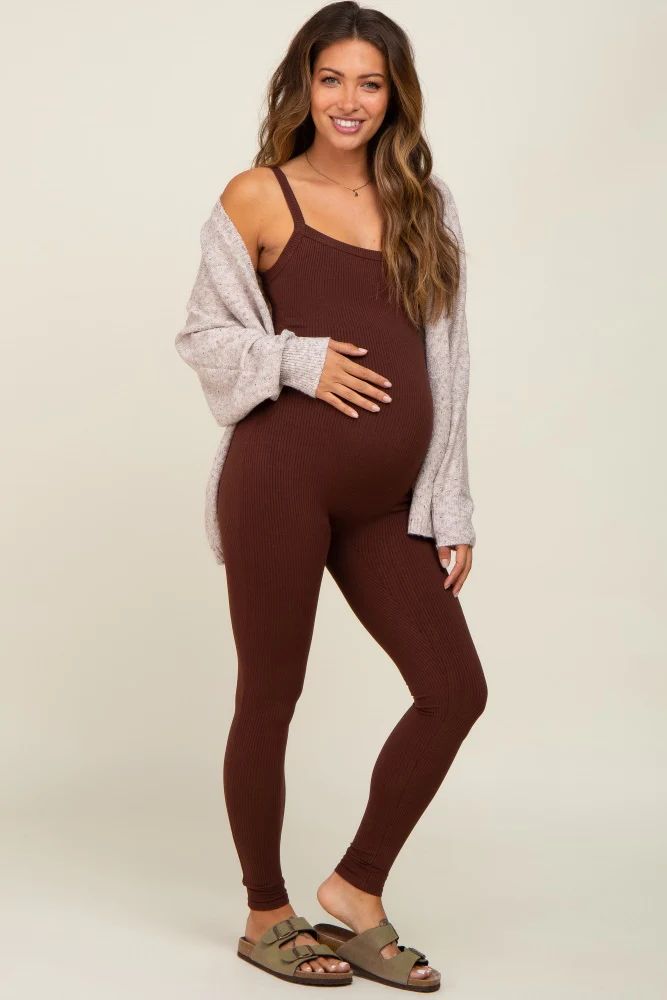 Brown Ribbed Sleeveless Maternity Jumpsuit | PinkBlush Maternity