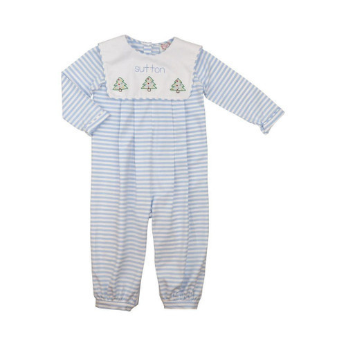 Blue Stripe Knit Shadow Embroidered Christmas Trees Long Romper | Cecil and Lou