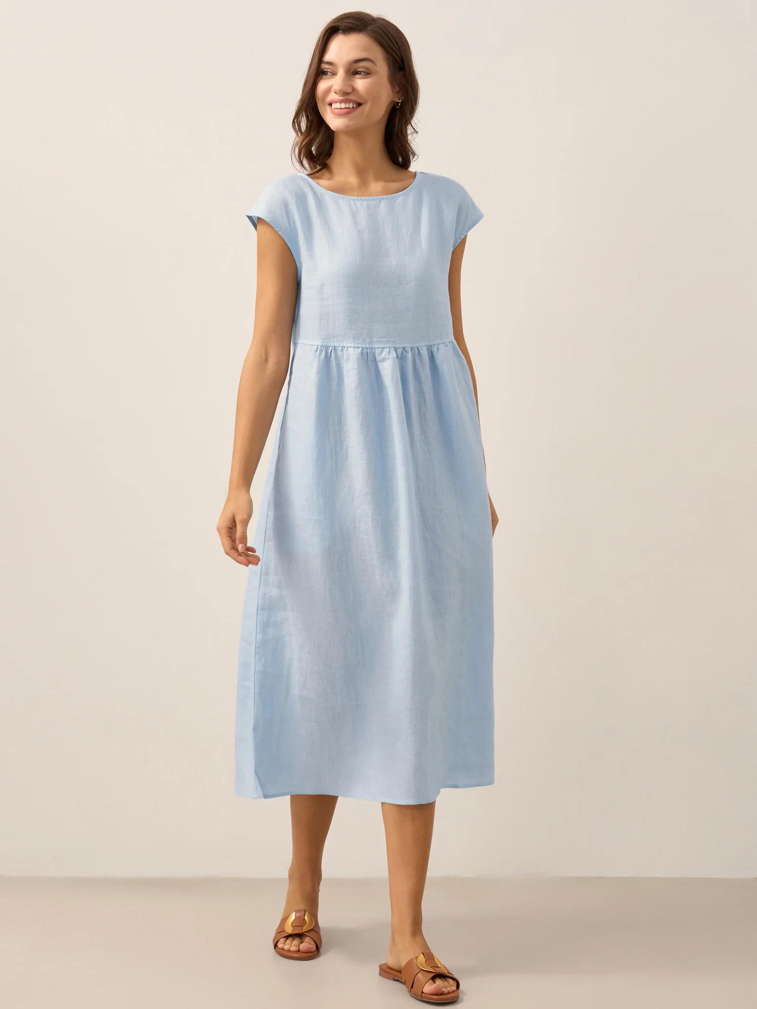 100% Linen Cap Sleeve Washed Midi Dress JOAN | LINTICO