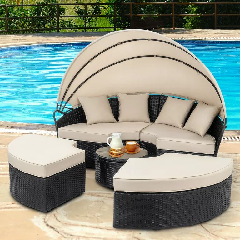 Walsunny Patio Furniture Outdoor Round Daybed with Retractable Canopy Wicker Rattan, Seating Sepa... | Walmart (US)