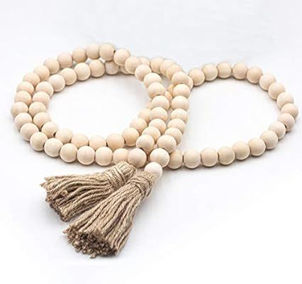 58in Wood Bead Garland Rustic Tassels Farmhouse Beads for Farmhouse Wall Hanging Decor (1 Pack) | Amazon (US)