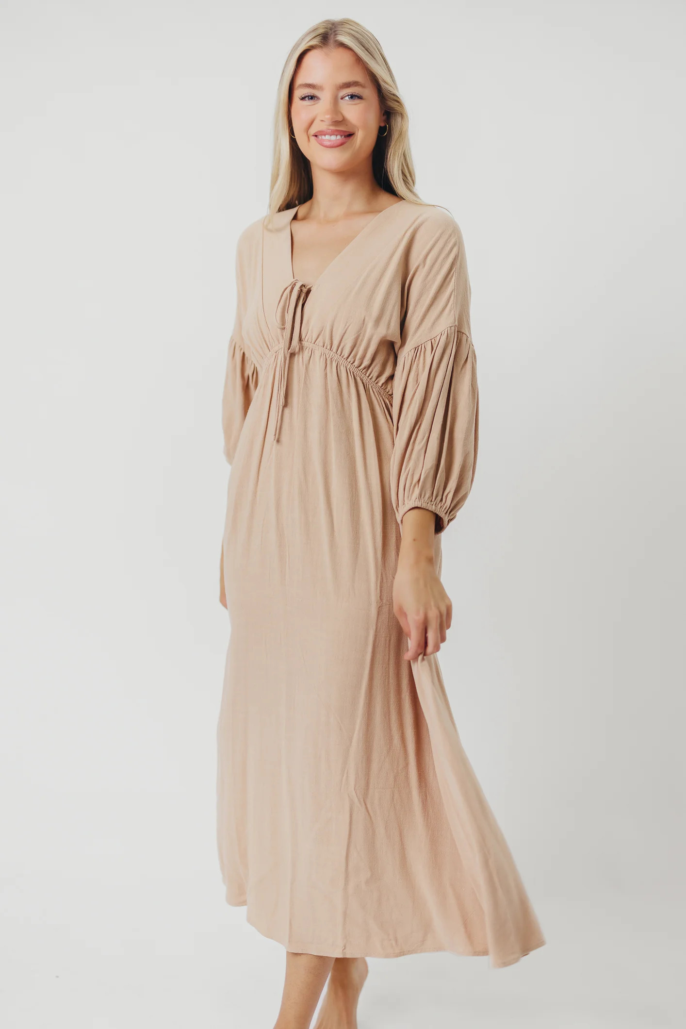 Hunter Linen-Blend Midi Dress in Pink Beige - Bump Friendly (XS-XL) | Worth Collective