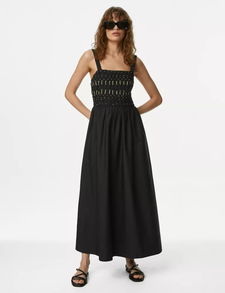 Pure Cotton Embellished Midaxi Shirred Dress | Marks & Spencer (UK)