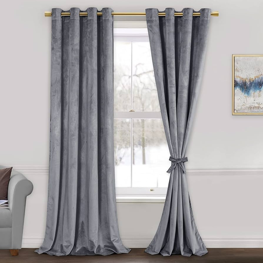 JIUZHEN Grey Velvet Curtains 96 inches for Living Room - Thermal Insualted Room Darkening Grommet... | Amazon (US)