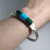 sterling Turquoise & Malachite Gemstone Bangle Bracelet Hinged Closure Solid Silver Mexico Tc20 925 Large | 1607 | Etsy (US)