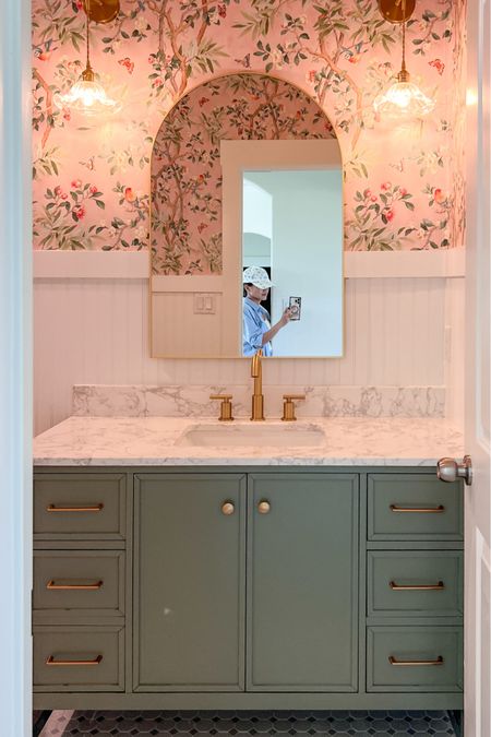 Bathroom gold arch mirror, lighting wallpaper 

#LTKFindsUnder100 #LTKHome