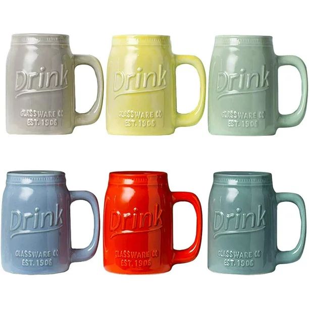 Set of 6 Novelty Mason Jar Mugs with Handle - Ceramic, Multicolor Mugs for Coffee, Tea and More -... | Walmart (US)