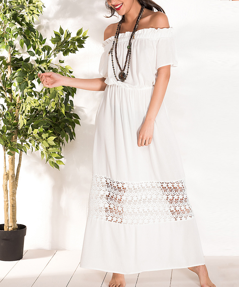 Milan Kiss Women's Special Occasion Dresses ECRU - White Eyelet-Panel Off-Shoulder Dress - Women | Zulily