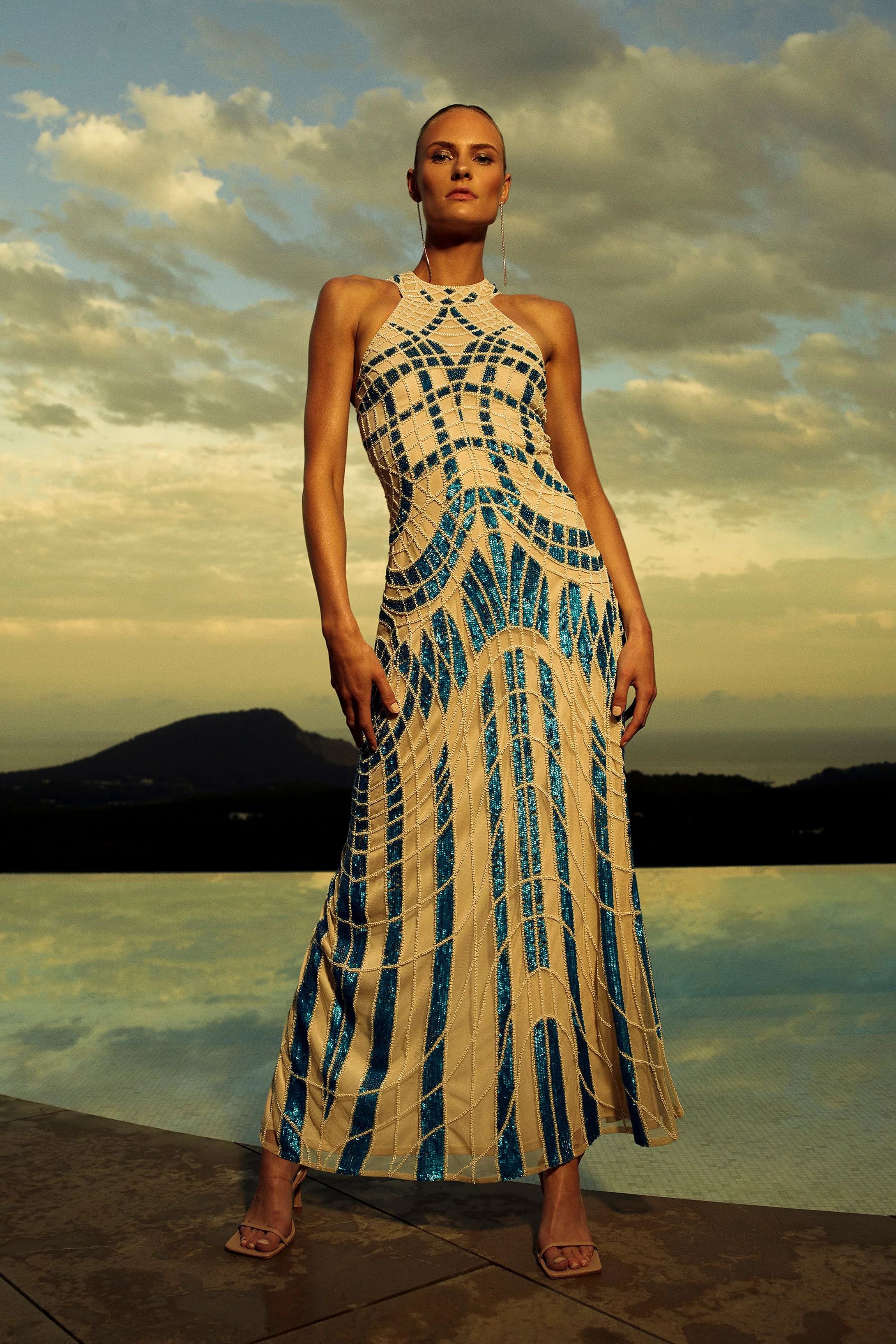 Embellished Geo Halter Maxi Dress | Karen Millen UK + IE + DE + NL