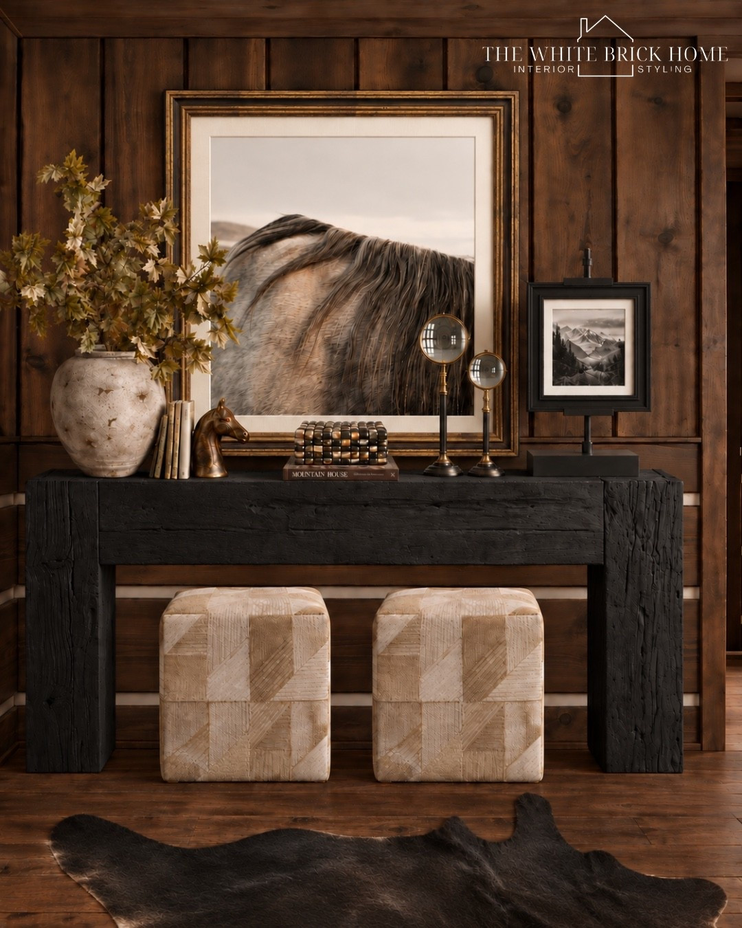 Rustic warmth meets refined sophistication in a richly layered space that feels effortlessly cozy, collected, and timeless. 
🖤🖤
Console, console table, rustic console table, black console table, wall mirror, cube, ottoman, cozy home decor, cabin home decor, wall mirror rustic, vase, faux greenery, fall decor, autumn decor, home decor ideas, fall decor ideas, home design, entryway table, entryway decor, entryway home decor ideas, table decor styling, stacked boxes, tapers, candle stick, home decor, home accents, pottery barn, pottery barn decor ideas, home design, pottery barn, McGee and color, wayfair, quince, arhaus

#LTKHome #LTKSeasonal #LTKSaleAlert