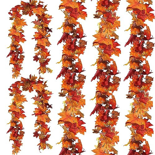CQURE 5 Pack Fall Leaf Garland, Total 29.5Ft Artificial Fall Vines Autumn Garland Fall Maple Leaves Thanksgiving Decor for Home Wedding Fireplace Christmas | Amazon (US)