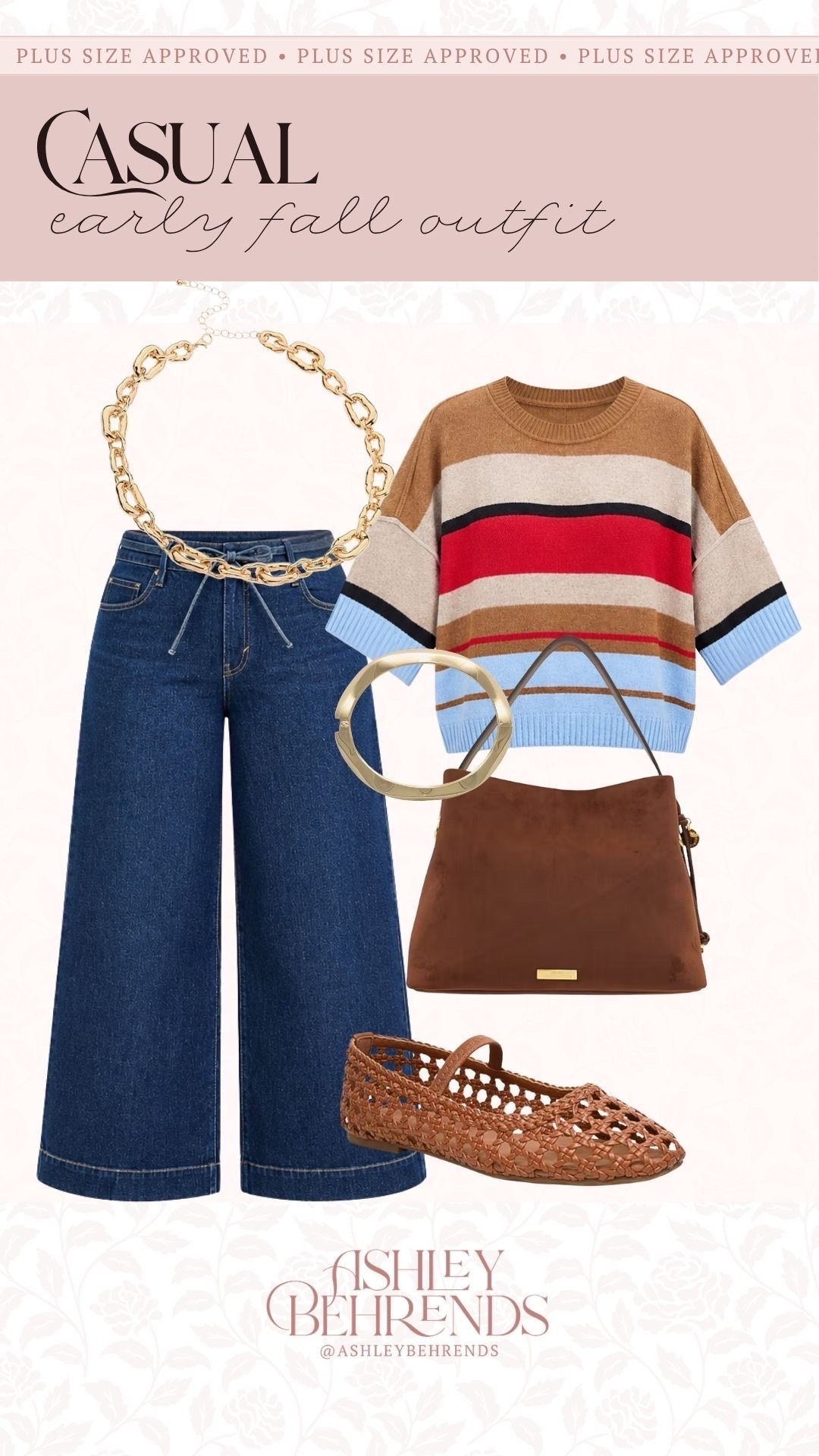 I love the colors 🟤❤️🩵of this stunning plus size approved striped sweater. Paired with these wide leg drawstring jeans, brown shoes, handbag and gold accessories makes this casual everyday look more elevated. Each piece is very size inclusive and still in stock in most sizes. 
Casual fall outfit, plus size approved early fall outfit

#LTKPlusSize #LTKSaleAlert #LTKSeasonal