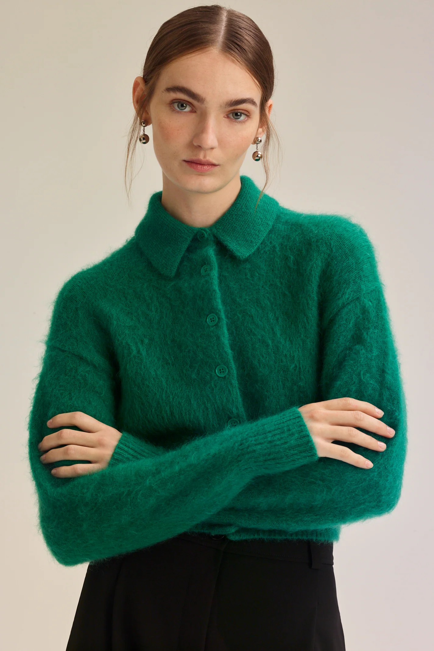 BRUSHED MOHAIR COLLARED CARDIGAN - EMERALD - Scanlan Theodore | Scanlan Theodore AU