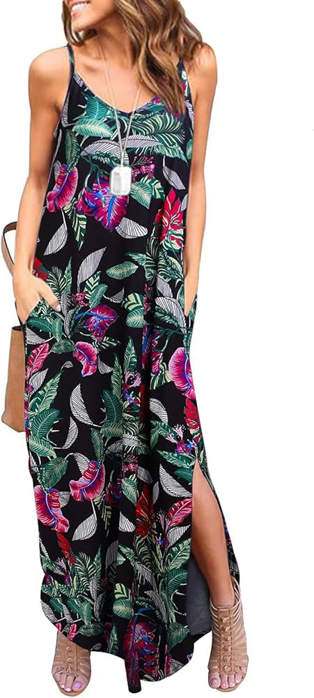 HUSKARY Women's Summer Casual Sleeveless V Neck Strappy Split Loose Dress Beach Cover Up Long Cam... | Amazon (CA)