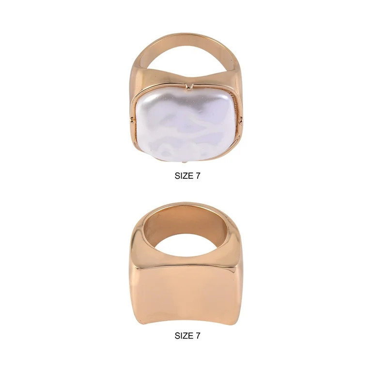 Time and Tru Women's Square and Wavy Acrylic Pearl Goldtone 2pc Ring Set | Walmart (US)