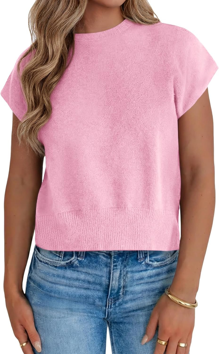Saodimallsu Womens Short Sleeve Sweaters Cap Sleeve Knit Fall Pullover Tops | Amazon (US)
