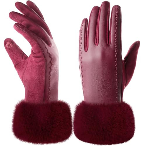 Leather Gloves for Women - Womens Winter Leather Gloves, Touchscreen Winter Glove Women, Warm Fleece Lined Glove with Plush Cuff, Thermal Womens Glove for Cold Weather, Wine Red | Amazon (US)