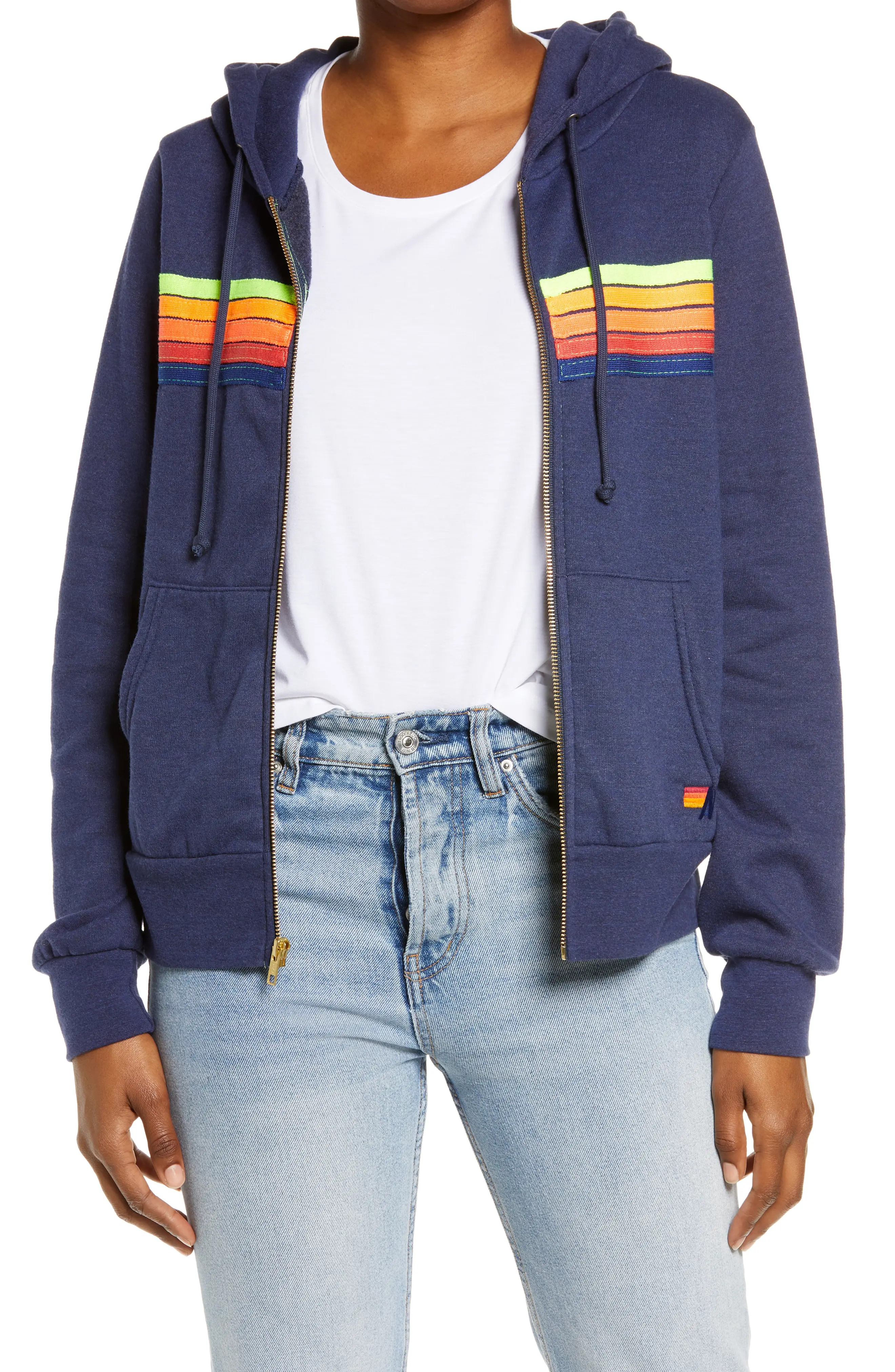 Aviator Nation 5-Stripe Zip Hoodie, Size Large in Navy/Neon Rainbow Blue at Nordstrom | Nordstrom