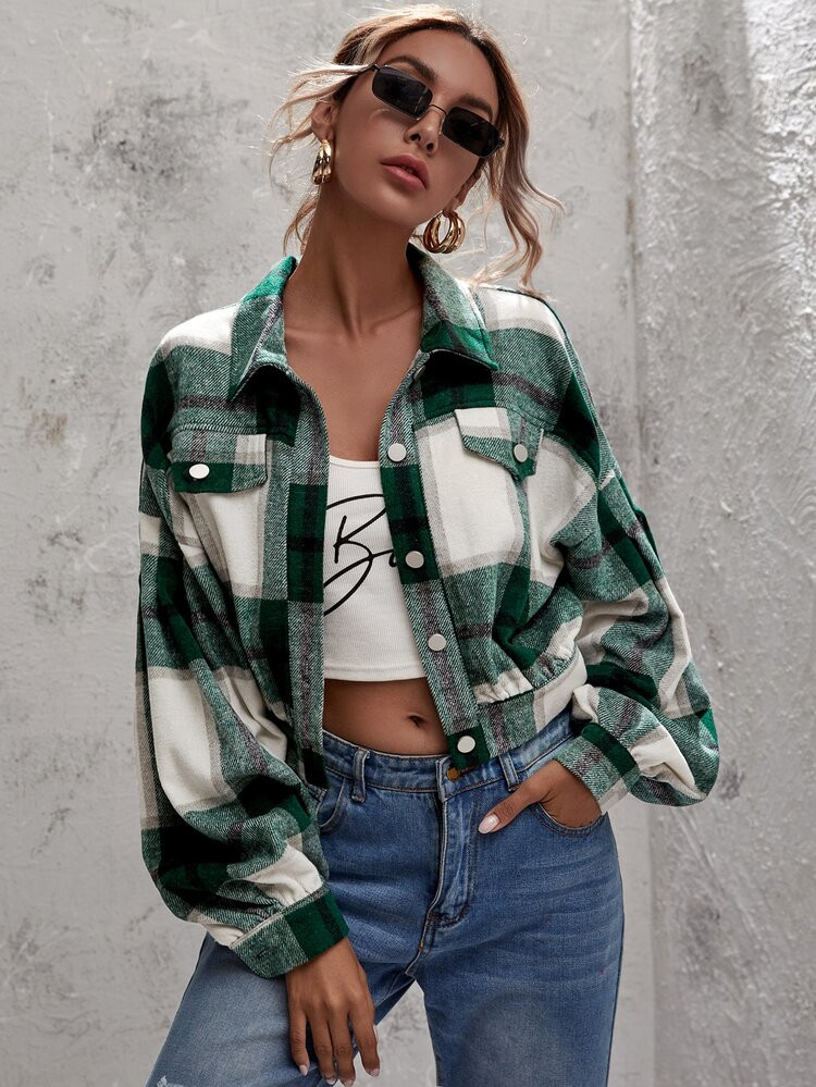 Plaid Bishop Sleeve Fake Pocket Jacket | SHEIN