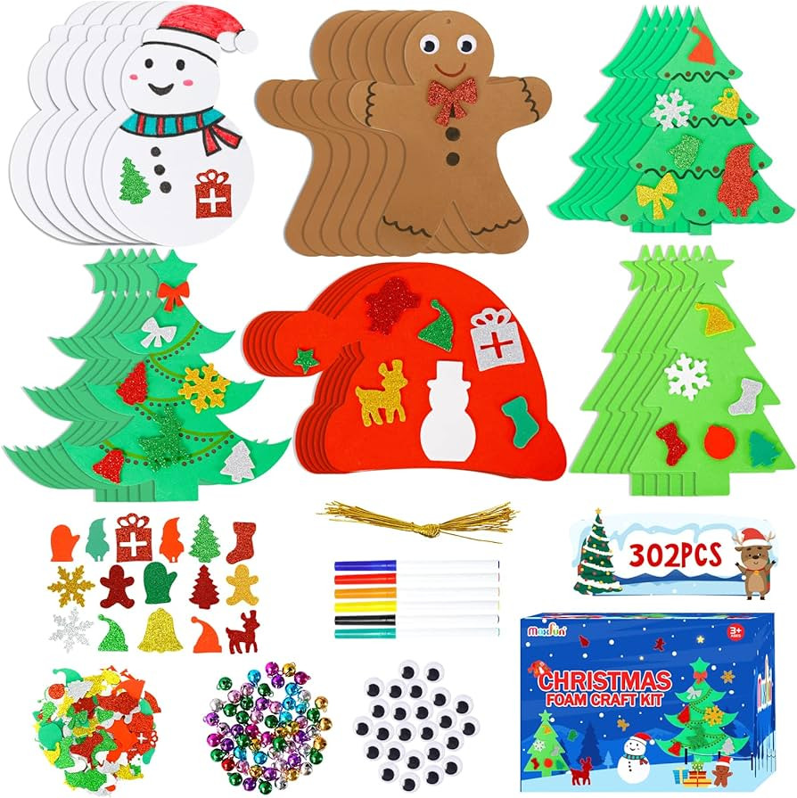 Max Fun 302PCS Christmas Crafts Tree Foam Shapes Stickers Set Craft Kits, Xmas Tree Hat Snowman C... | Amazon (US)
