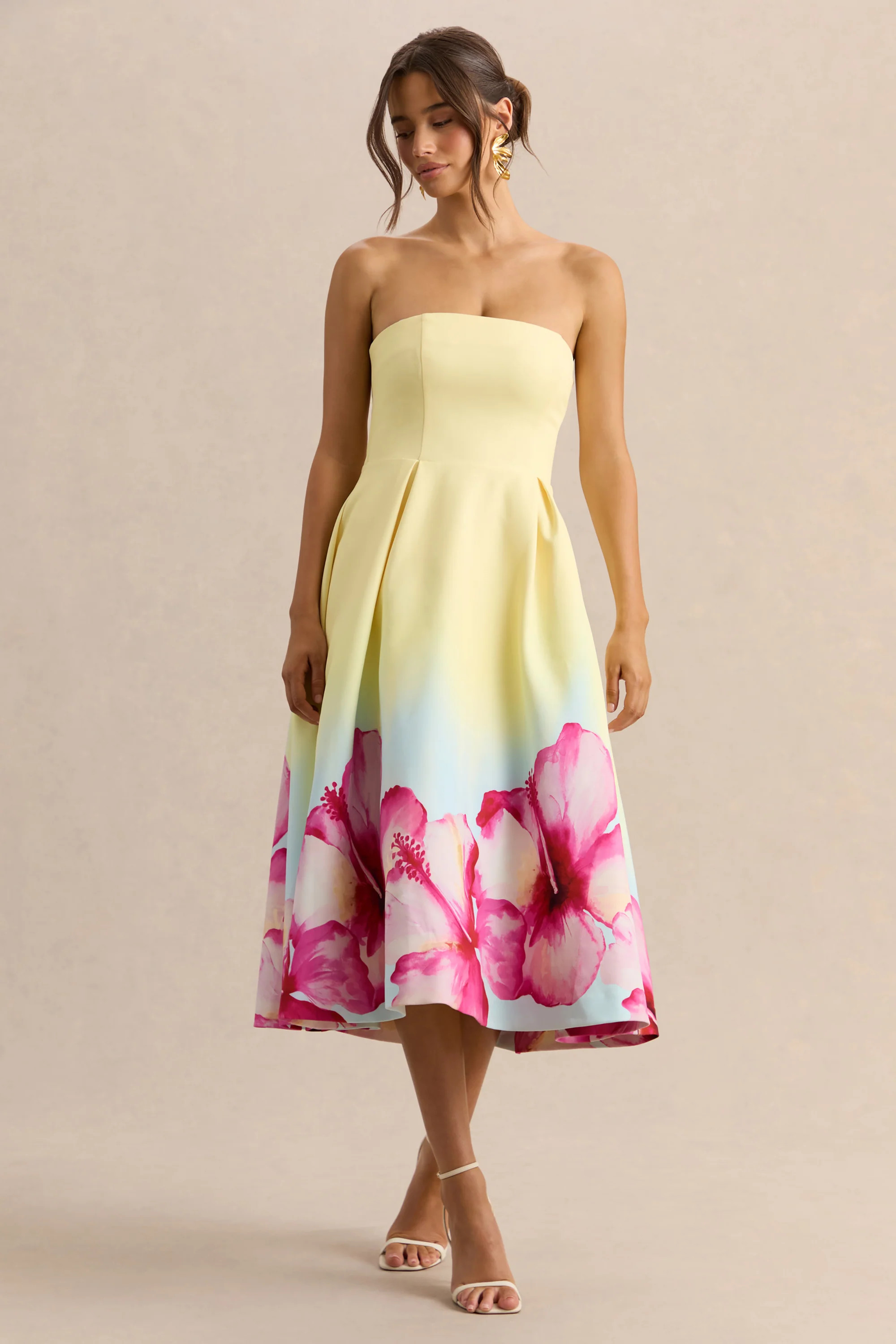 Zoya | Yellow Ombre Lily Print Bandeau Midi Dress | Club L London