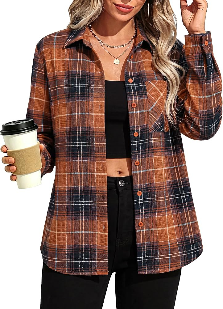 GRACE KARIN Women Waffle Plaid Knitted Button Down Shirt | Amazon (US)