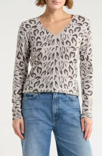 Magaschoni Leopard V-Neck Cashmere Sweater in Grey Leopard at Nordstrom Rack, Size X-Small | Nordstrom Rack