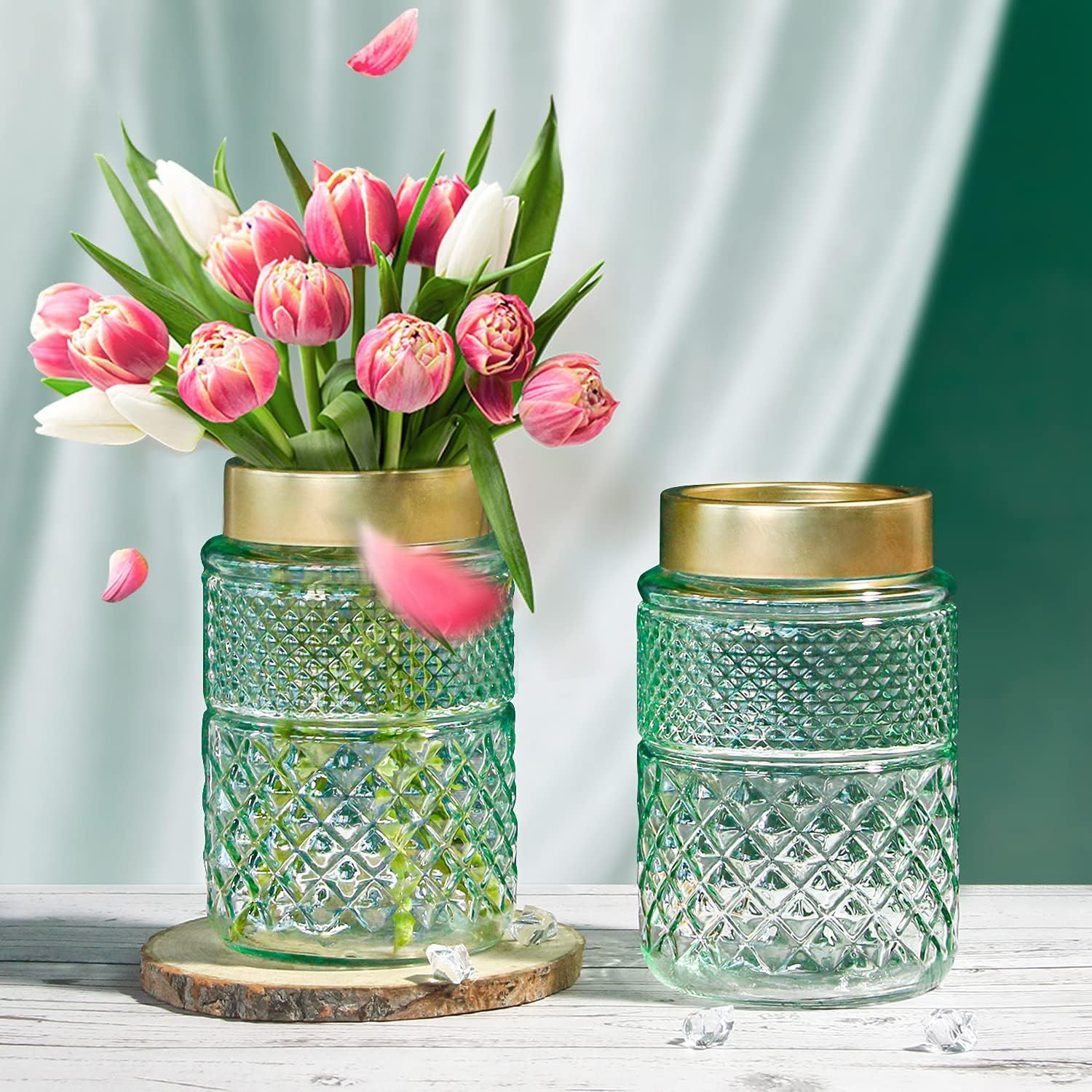 2-Pack Flower Vase Glass, Green Fluted Vase with Golden Metal Top, Stylish Decorative for Tableto... | Amazon (US)