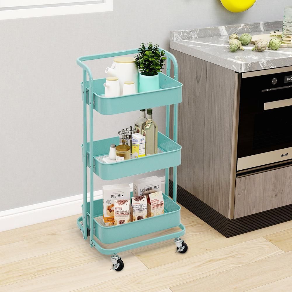 Maypex 35 in. 3-Tier Metal Foldable Rolling Utility Cart in Teal, Blue | The Home Depot