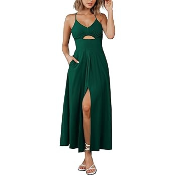 BTFBM Women 2025 Summer Spaghetti Strap Midi Dress Sleeveless V Neck Cutout Slit Casual Beach Par... | Amazon (US)
