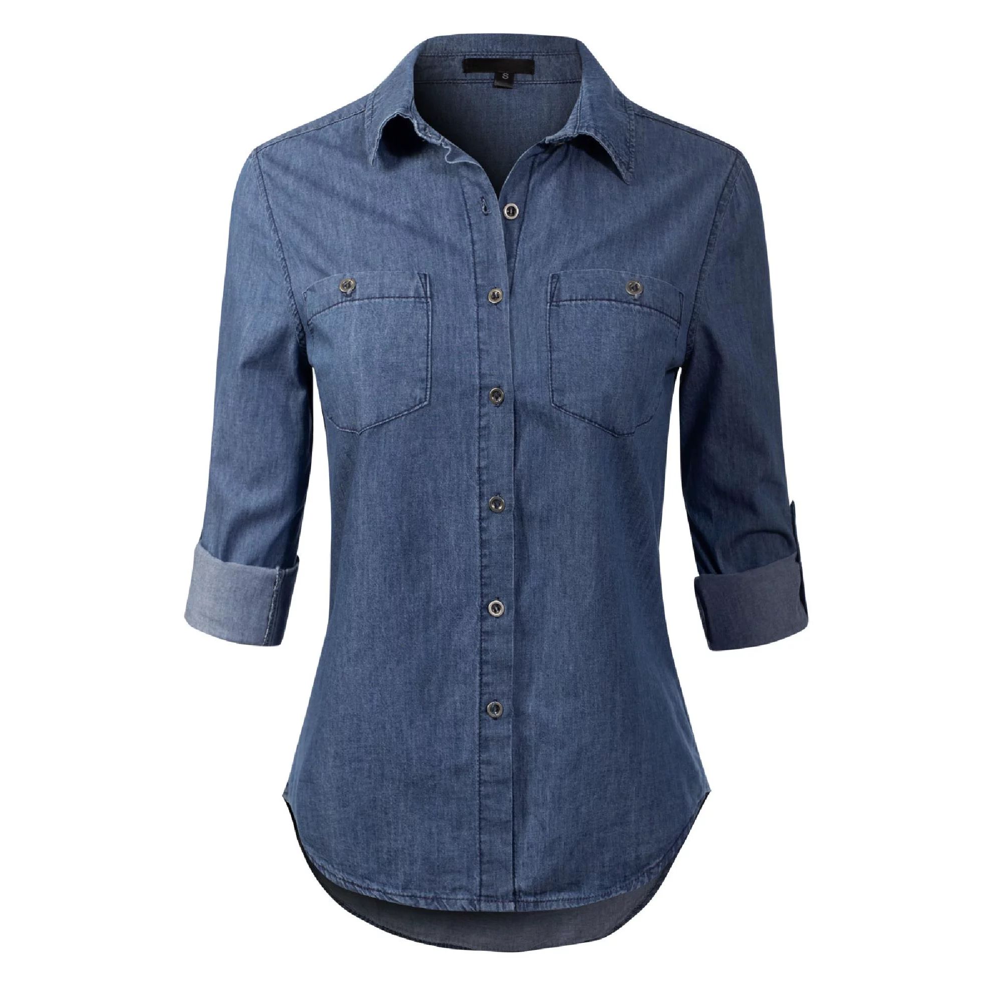 Made by Olivia Women's Basic Classic Roll up Sleeve Button Down Chambray Denim Shirt | Walmart (US)