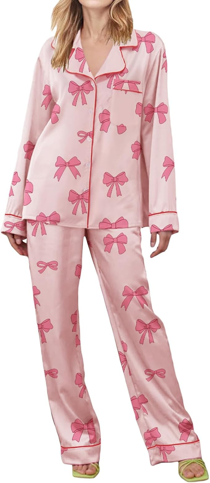 Women Bowknot Pajamas Sets 2 Piece Outfits Long Sleeve Button Up Tops and Pants Suit Bow Print Pa... | Amazon (US)