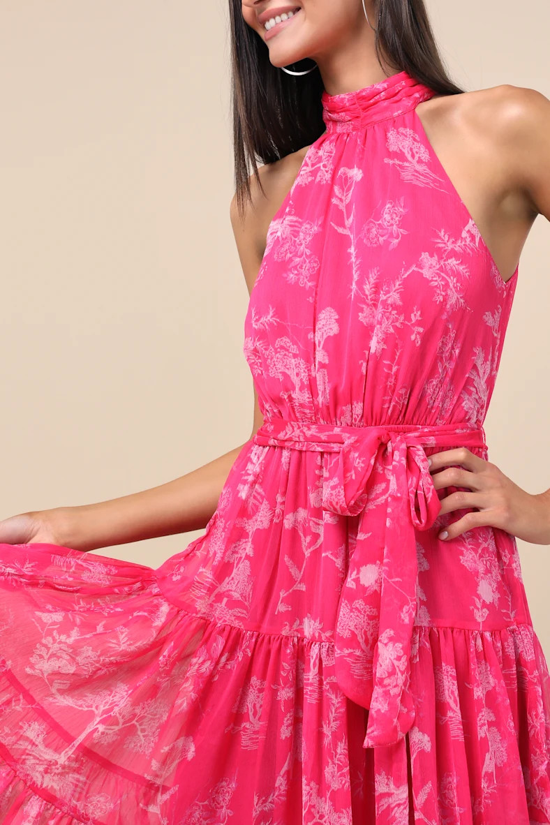 Float to You Hot Pink Floral Print Halter-Neck Tiered Midi Dress | Lulus