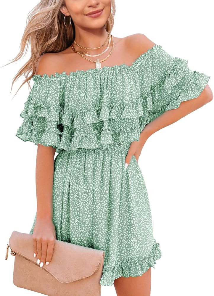 Fazortev Womens Flowy Off Shoulder Dress Summer Ruffle Smocked Casual Square Neck Elastic Waist M... | Amazon (US)