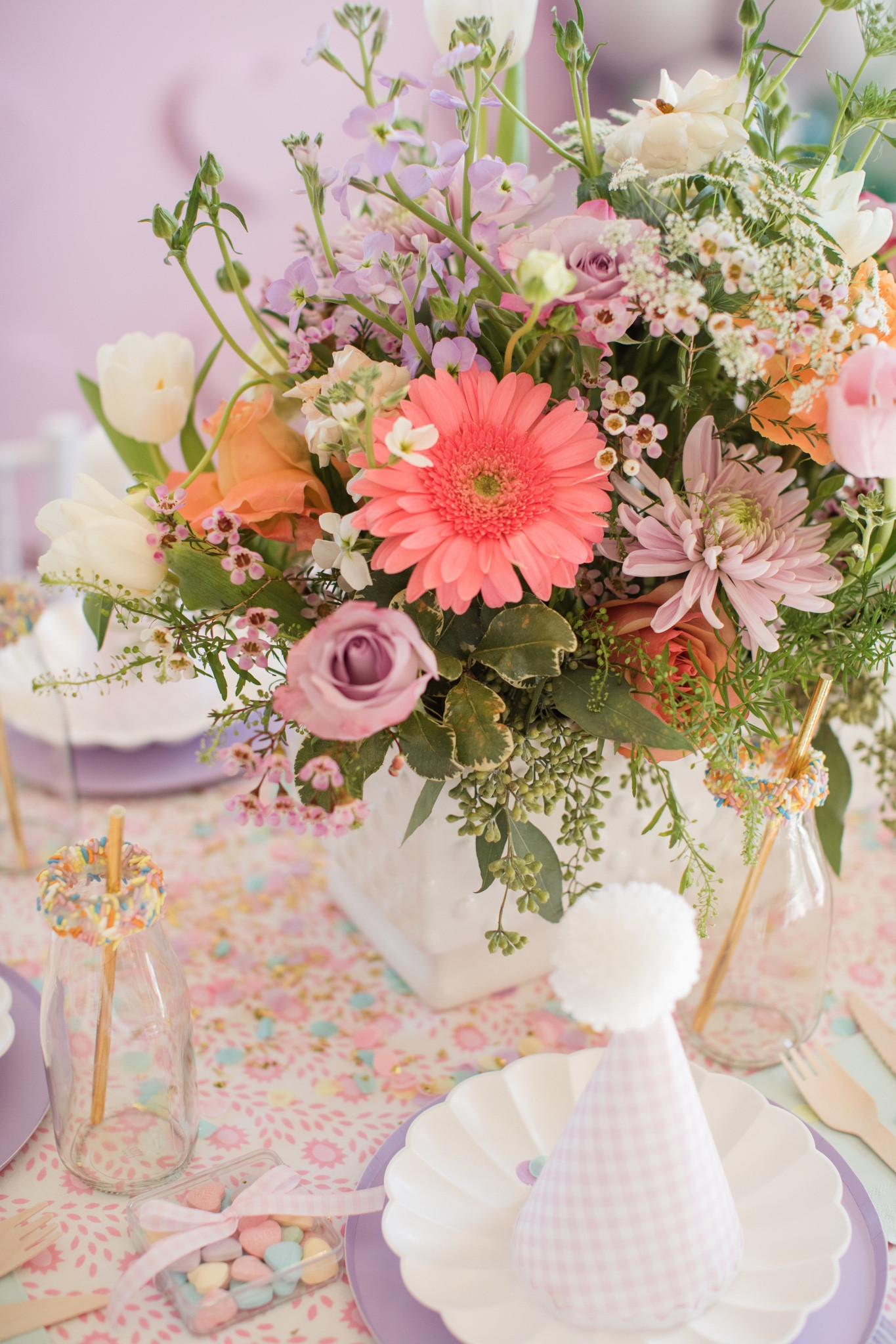 TWO SWEET birthday party for a sweet 2 year old! #twosweet #birthday #birthdayparty #hearts #candyhearts #tablescape #placesetting #confetti #sprinkles #floral 

#LTKbaby