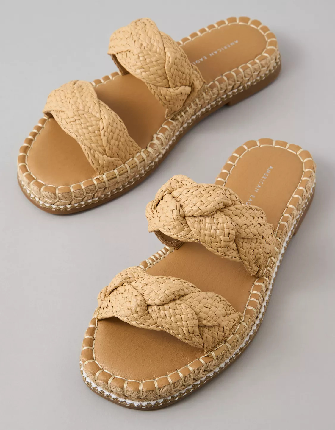 AE Double Strap Raffia Slide Sandal | American Eagle Outfitters (US & CA)