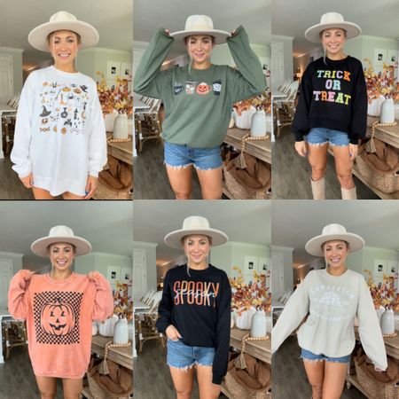 #FallSweatshirts & #HalloweenSweatshirt must haves this season. 
I am wearing a size medium and all of them except the trick-or-treat is a size small. Use code Tanner for 20% off my hat. Shorts are a size 26. #fallfashion #fallstyle #halloween #fall 

#LTKstyletip #LTKSeasonal #LTKunder50