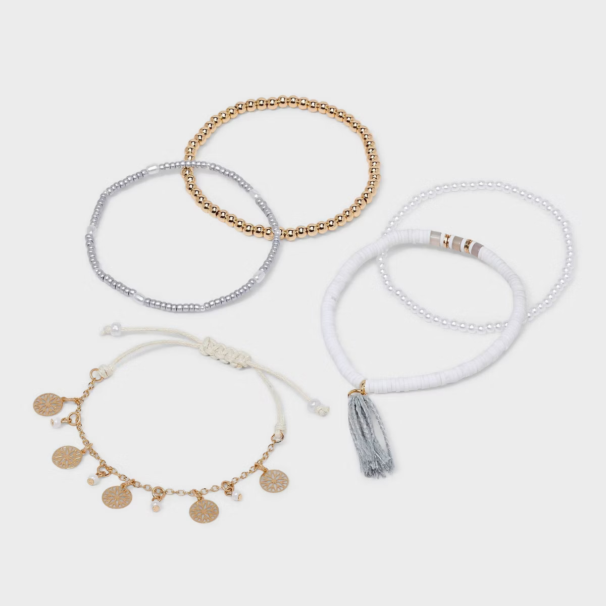 Decorative Hammered Discs and Tassel Bracelet Set 5pc - A New Day | Target
