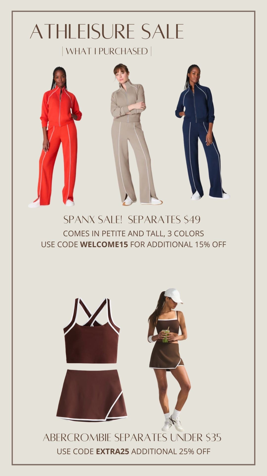 Fall Athleisure finds I ordered this week!🤎 Spanx final sale, separates under $50. I ordered the navy in Petite XS. Use code WELCOME15 for additional 15% off 

Abercrombie separates under $35 each with code EXTRA25. I ordered size XS top and XXS bottom



#LTKSaleAlert #LTKPetite #LTKFindsUnder50